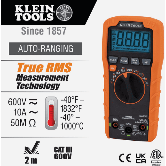 Klein 600V Auto Ranging Digital Multimeter - Pack of 4  Residential Use, Standard Application