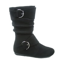 Klein-70 Girls Kid's Causal Flat Heel Buckles Zipper Slouchy Mid Calf Boots Shoes ( Black, 3 )