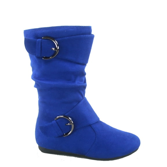 Klein-70 Girls Kid's Causal Flat Heel Buckles Zipper Slouchy Mid Calf Boots Shoes ( Blue, 4 )
