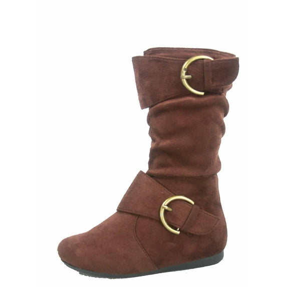 Klein-70 Girls Kid's Causal Flat Heel Buckles Zipper Slouchy Mid Calf Boots Shoes ( Brown, 4 )