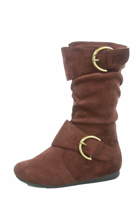 Klein-70 Girls Kid's Causal Flat Heel Buckles Zipper Slouchy Mid Calf Boots Shoes ( Brown, 4 )