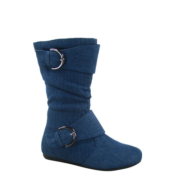Klein-70 Girls Kid's Causal Flat Heel Buckles Zipper Slouchy Mid Calf Boots Shoes ( Denim Blue, 1 )