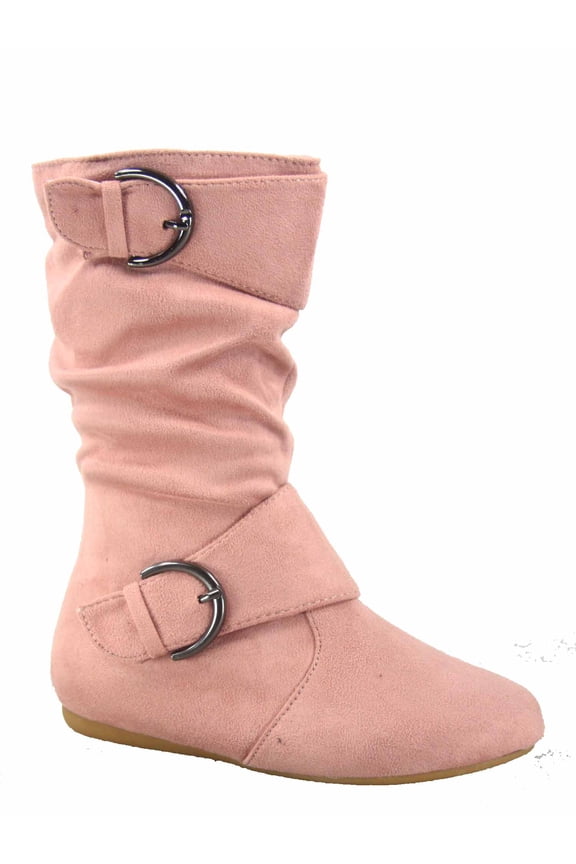 Klein-70 Girls Kid's Causal Flat Heel Buckles Zipper Slouchy Mid Calf Boots Shoes ( Dusty Pink, 10 )