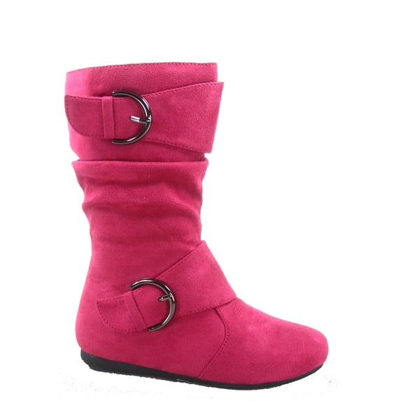 Klein-70 Girls Kid's Causal Flat Heel Buckles Zipper Slouchy Mid Calf Boots Shoes ( Fuchsia, 11 )