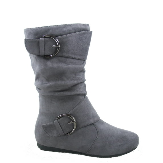 Klein-70 Girls Kid's Causal Flat Heel Buckles Zipper Slouchy Mid Calf Boots Shoes ( Grey, 11 )