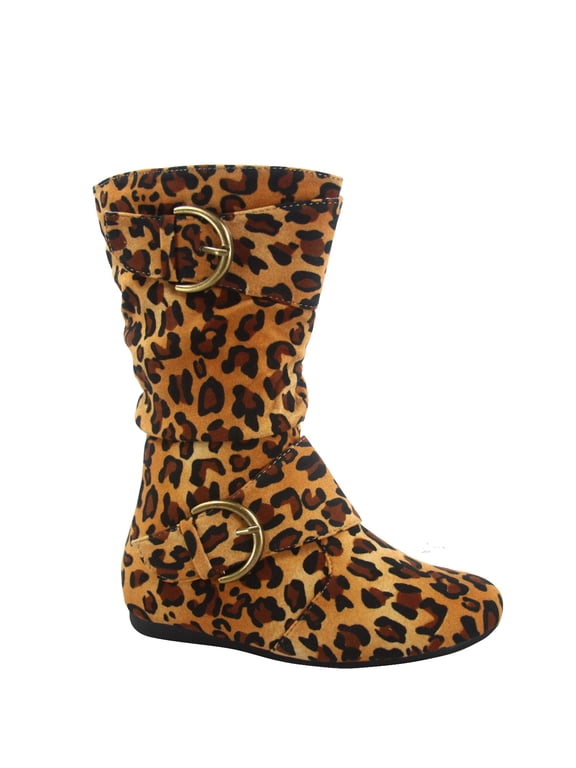 Klein-70 Girls Kid's Causal Flat Heel Buckles Zipper Slouchy Mid Calf Boots Shoes ( Leopard, 10 )