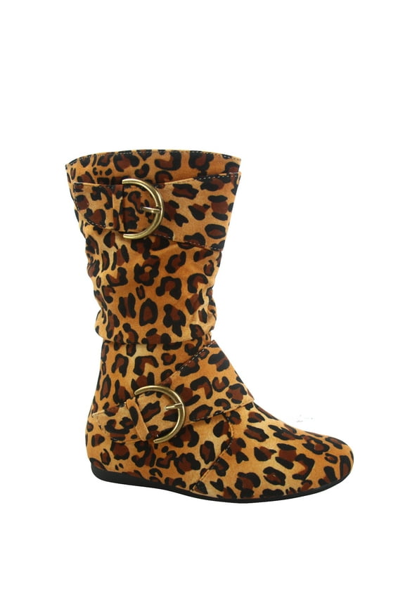 Klein-70 Girls Kid's Causal Flat Heel Buckles Zipper Slouchy Mid Calf Boots Shoes ( Leopard, 10 )