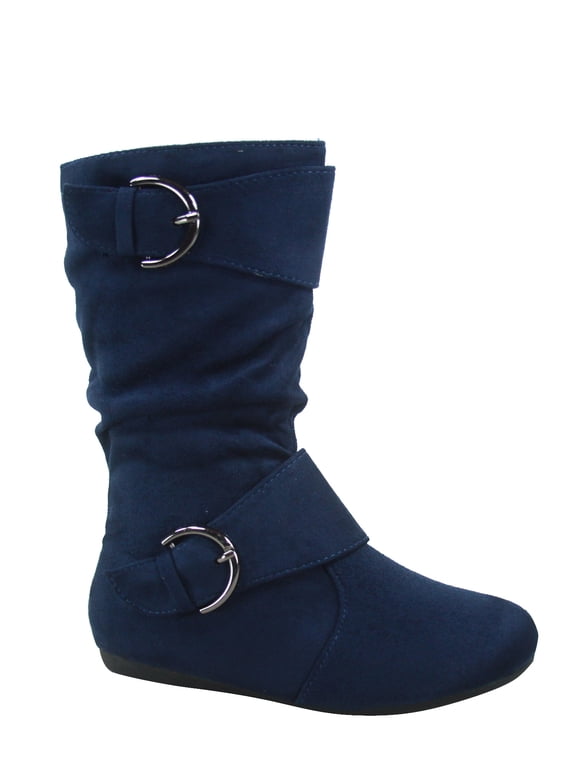 Klein-70 Girls Kid's Causal Flat Heel Buckles Zipper Slouchy Mid Calf Boots Shoes ( Navy, 13 )