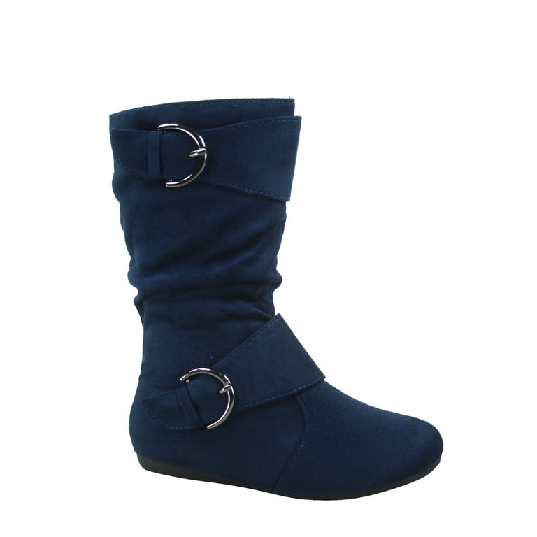 Klein 70 Girls Kid s Causal Flat Heel Buckles Zipper Slouchy Mid Calf Boots Shoes Navy 1