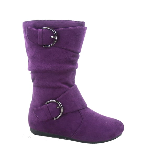 Klein-70 Girls Kid's Causal Flat Heel Buckles Zipper Slouchy Mid Calf Boots Shoes ( Purple, 1 )