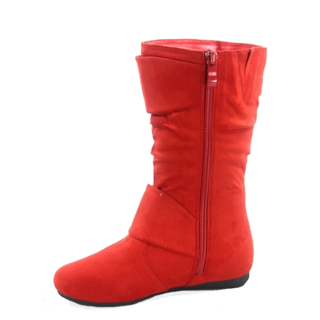 Klein-70 Girls Kid's Causal Flat Heel Buckles Zipper Slouchy Mid Calf Boots Shoes ( Red, 13 )