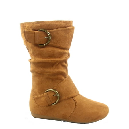 Klein-70 Girls Kid's Causal Flat Heel Buckles Zipper Slouchy Mid Calf Boots Shoes ( Tan, 4 )