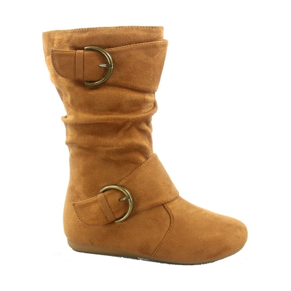 Klein-70 Girls Kid's Causal Flat Heel Buckles Zipper Slouchy Mid Calf Boots Shoes ( Tan, 9 )