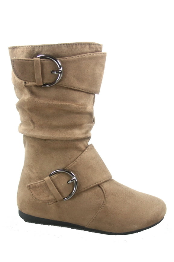 Klein-70 Girls Kid's Causal Flat Heel Buckles Zipper Slouchy Mid Calf Boots Shoes ( Taupe, 4 )