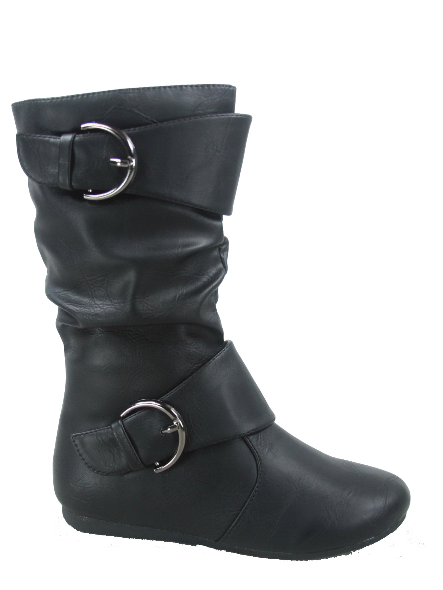 Klein-80k Girls Kid's Causal Round Toe Flat Heel Buckles Zipper Slouchy Mid Calf Boots Shoes ( Black. 2 )