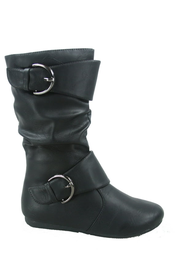 Klein-80k Girls Kid's Causal Round Toe Flat Heel Buckles Zipper Slouchy Mid Calf Boots Shoes ( Black. 9 )