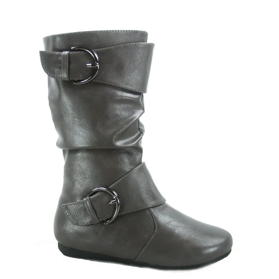 Klein-80k Girls Kid's Causal Round Toe Flat Heel Buckles Zipper Slouchy Mid Calf Boots Shoes ( Grey, 2 )