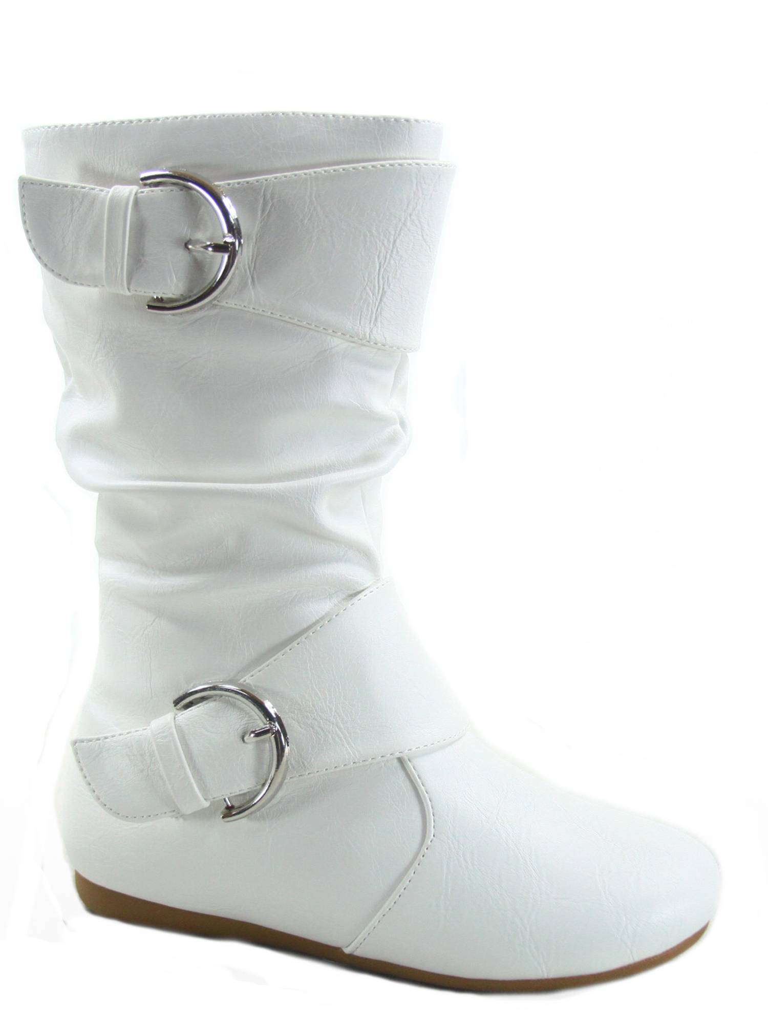 Klein-80k Girls Kid's Causal Round Toe Flat Heel Buckles Zipper Slouchy Mid Calf Boots Shoes ( White, 9 ) - image 1 of 2