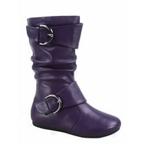 Klein-80k Girls Kid's Causal Round Toe Flat Heel Buckles Zipper Slouchy Mid Calf Boots Shoes
