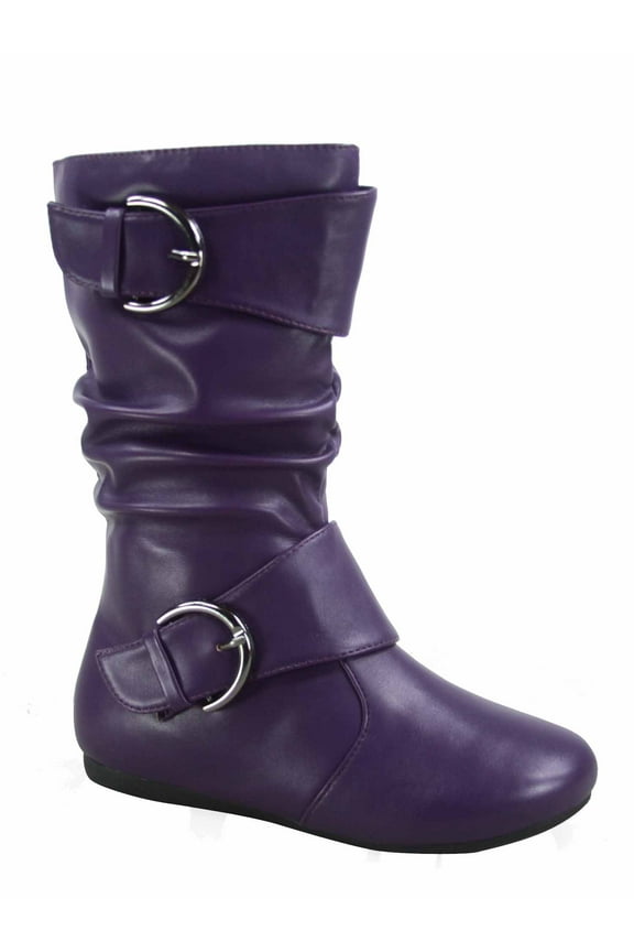 Klein-80k Girls Kid's Causal Round Toe Flat Heel Buckles Zipper Slouchy Mid Calf Boots Shoes