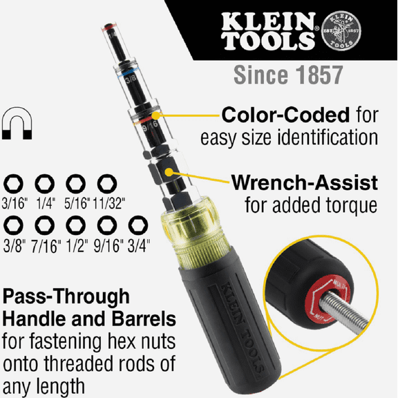 Klein Power Tool - Klein 9-in-1 Magnetic Nut Driver - Pack of 12 Professional & DIY Use, Standard Battery Platform