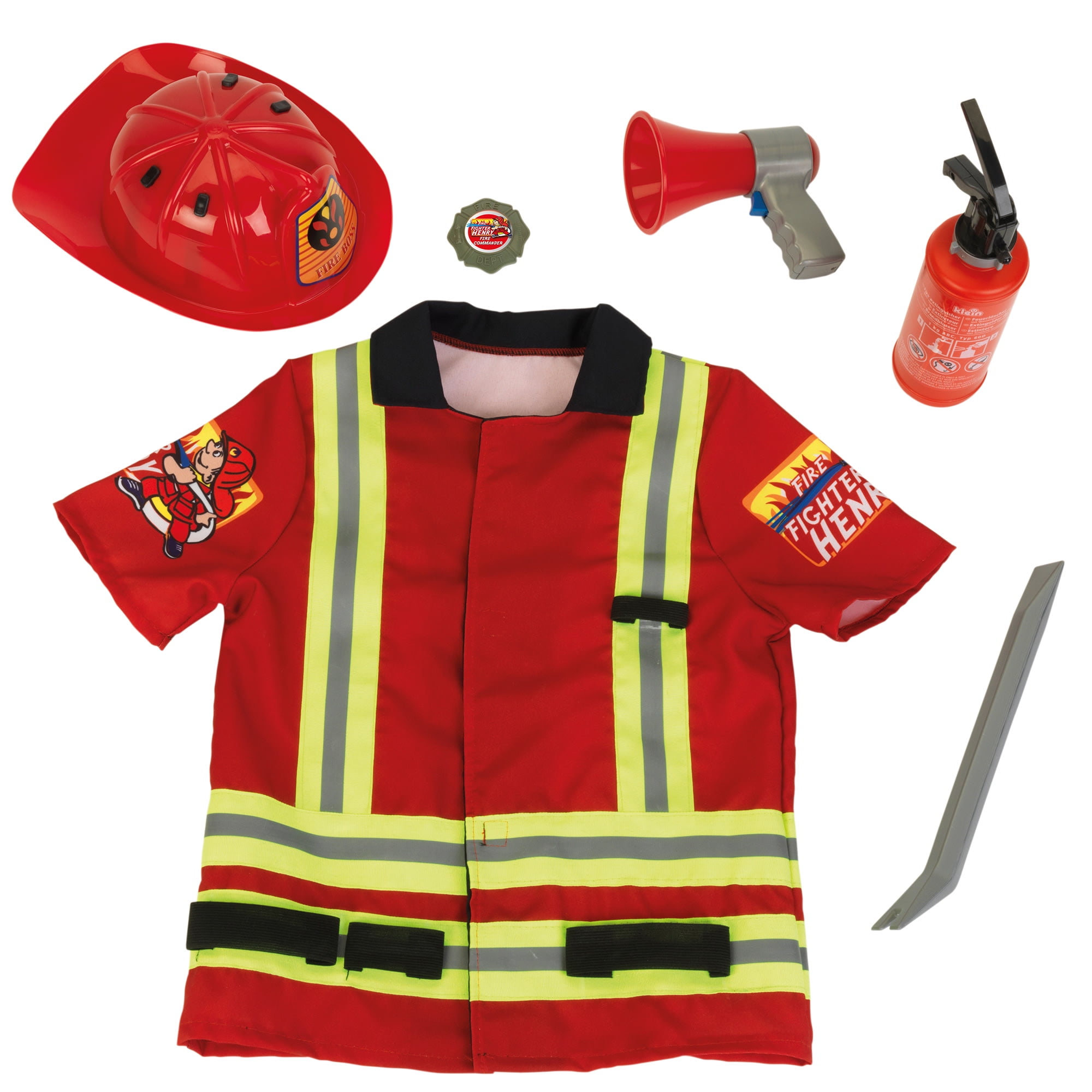 Klein: PRO Firefighter Costume - Red \u0026 Yellow - 5pc Set, Dress Up Outfit \u0026 Toy Accessories, Megaphone-Crowbar-Badge-Helmet, Pretend Play, Kids Ages 3+