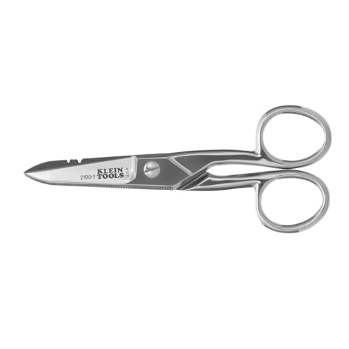 Klein Tools 2100-7 Electrician Scissors, Made in USA, Nickel-Plated Scissors with Stripping Notches, Made in USA, 5.25-Inch Snips for Datacom, Telecom, Electrical and Heavy-Duty Use