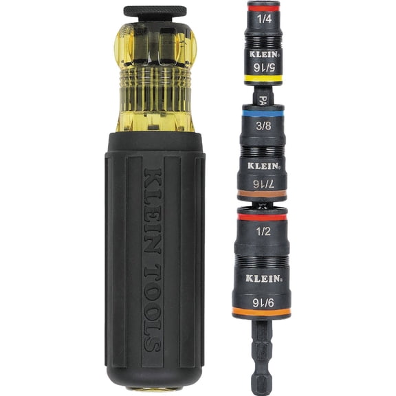 Klein Tools 32910 Impact Driver, 7-in-1 Impact Flip Socket Set with Handle, 6 Hex Driver Sizes plus a 1/4-Inch Bit Holder