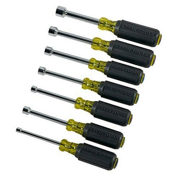 Klein Tools 631 NutDrivers, 7 Piece Nut Driver Set, Hex Nut Sizes 3/16, 1/4, 5/16, 11/32, 3/8, 7/16 and 1/2-Inch on 3-Inch Full Hollow Shaft