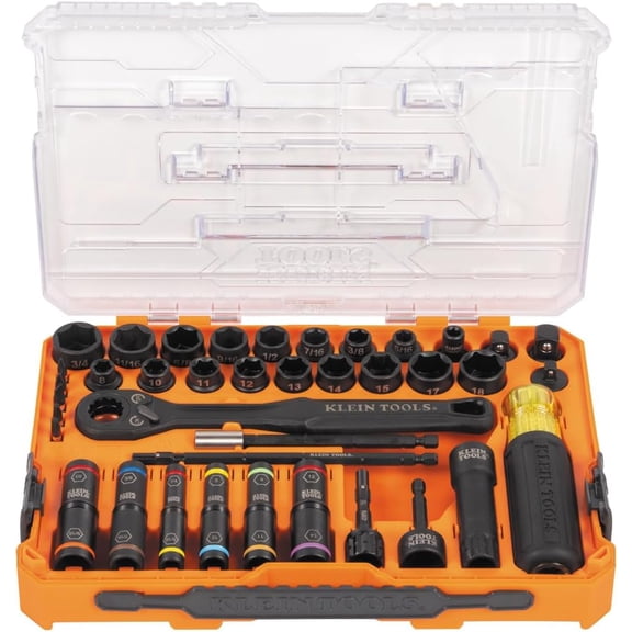 Klein Tools 65500KNECT KNECT Impact Socket Set, SAE and Metric Pass Through Socket Set, 90-Tooth Ratchet, MODbox Case, SAE, Metric, Screwdriver Handle, Bits, 39-Piece