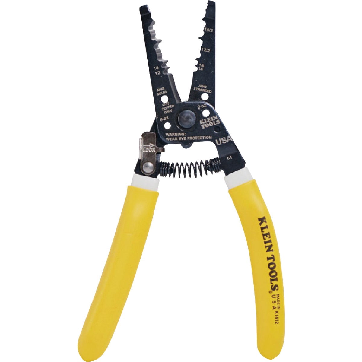 Klein Tools K1412 Wire Cutter / Wire Stripper, Dual NM Cable Stripper / Cutter Cuts Solid Copper Wire, Strips 12 and 14 AWG Solid Wire