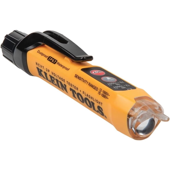Klein Tools NCVT3P Dual Range Non Contact Voltage Tester, 12 - 1000V AC Pen, Flashlight, Audible and Flashing LED Alarms, Pocket Clip