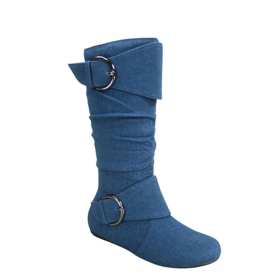 Klein Women's Adult Fashion Zipper Buckle Slouch Casual Flat Heel Mid Calf Round Toe Boots (Denim Blue, 8.5)