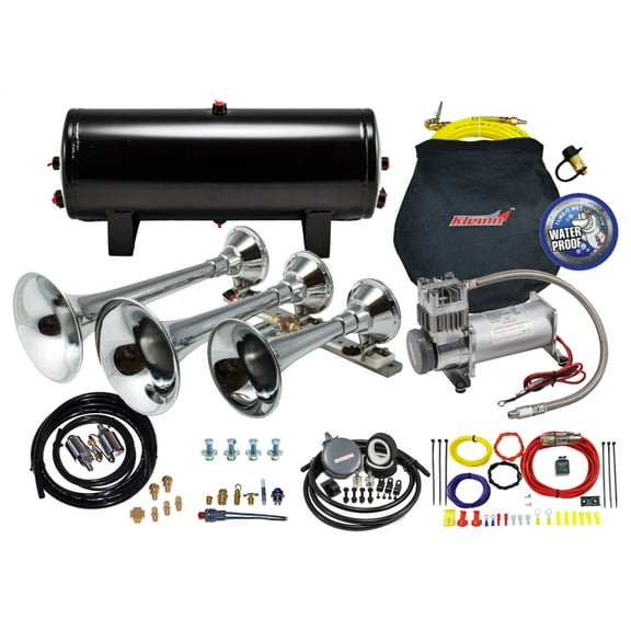 Kleinn Air Horns HK8 Pro Blaster Triple Air Horn Kit; Three Chrome-plated Spun Copper Trumpets; 17.5 in./15.5 in./11.5 in. L; 150 PSI; 3 Gal. Air Tank w/Five 0.25 in. NPT Ports; Sealed Air Comp.;