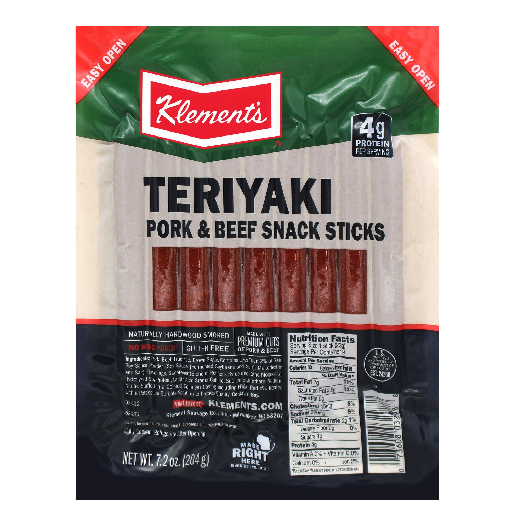 Klement's Teriyaki Snack Sticks, Gluten Free, 7.2 oz