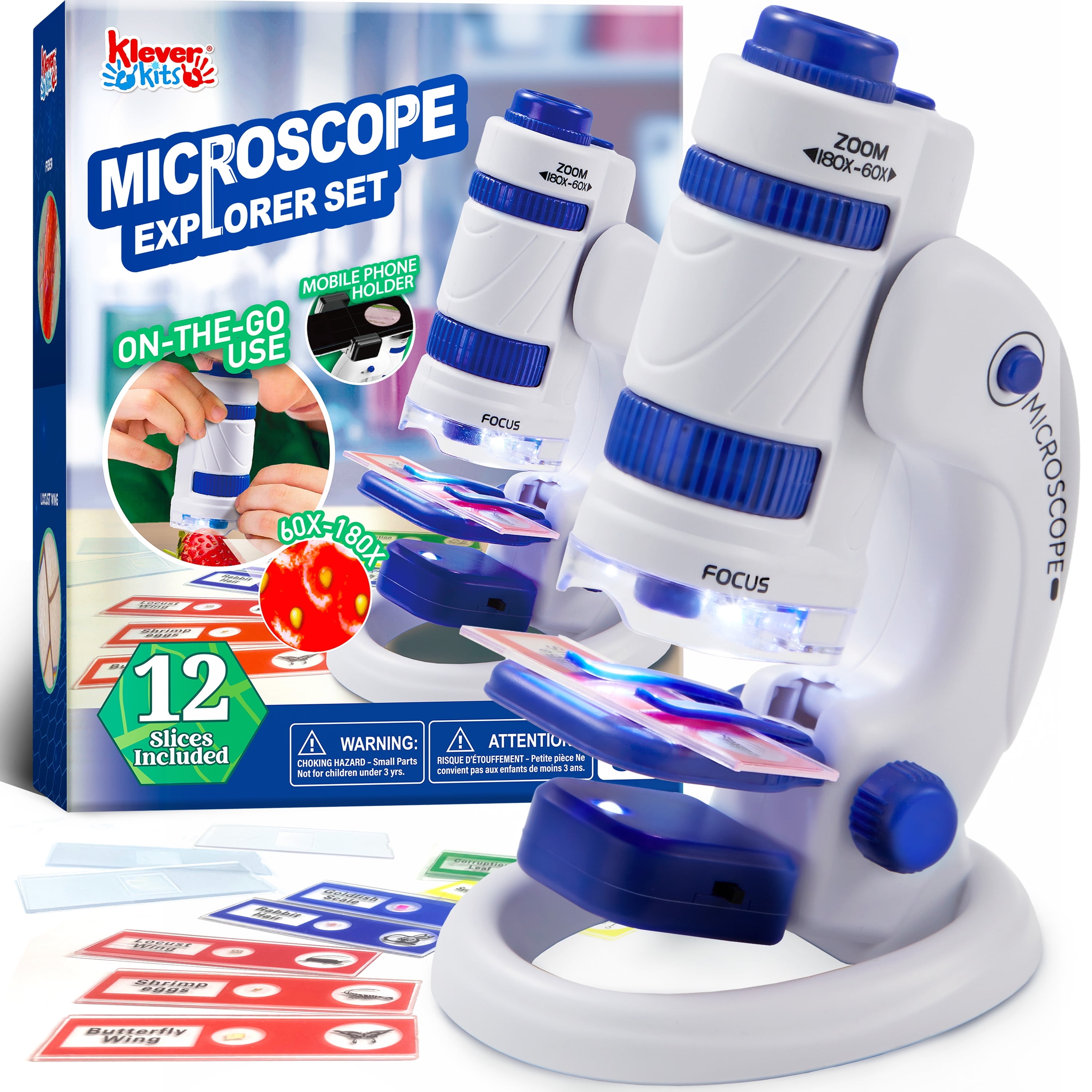 Klever Kits 2 in 1 Portable Microscope with 12 Slides, 60X-180X Zoom Educational Biology Science Kit for Kids 5 7