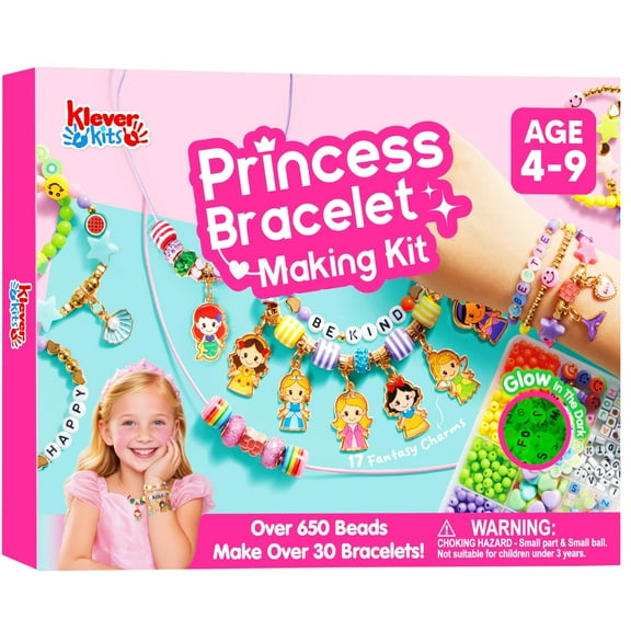 Klever Kits Princess Bracelet Making Kit, Jewelry Making Kit with over 650 Beads, Charms & Elastic Cords, Arts and Crafts Gift for Girls Ages 4-9