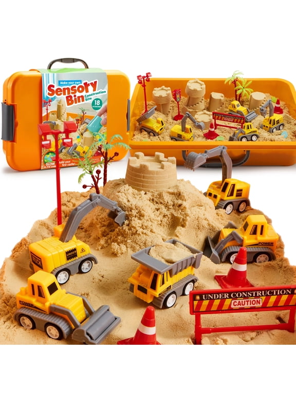 Construction Sensory Bin with Glow-in-The-Dark Stones, Play Sand Toy Gifts for Boys Girls Age 3+