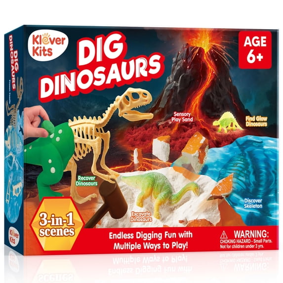 Klever Kits 3-in-1 Dinosaur Fossil Dig Kit STEM Learning Toys with Glow in The Dark Dinosaurs Toy and Sensory Play Sand, Gift for Kids Aged 6+