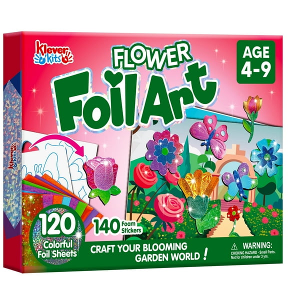 Klever Kits Flowers & Butterflies Foil Art Kit, Mess Free Coloring Foil Foam Stickers, Kids Travel Activity Birthday Gifts for Boys & Girls Ages 4 