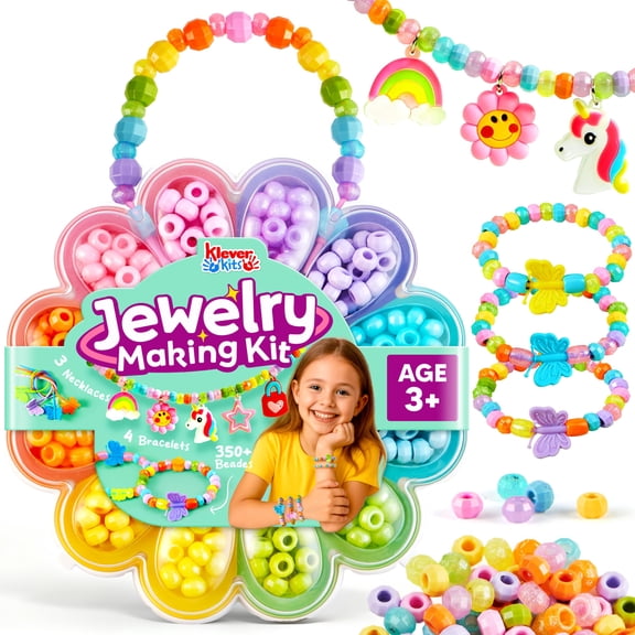 Klever Kits Jewelry Making Kit, Bracelet Making Kit for Kids, DIY Kit with 350+ Colorful Beads, Flower-Shaped Storage Case, Crafts Gifts for Girls Ages 3+