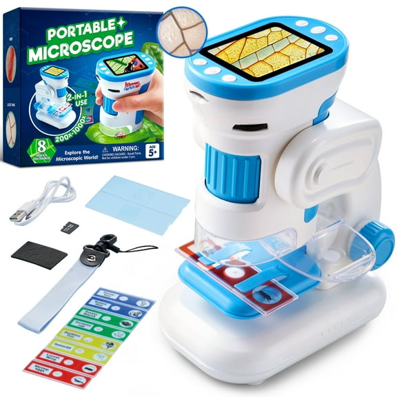 Klever Kits Microscope for Kids, 2 in 1 Portable Digital Microscope with 2.0'' LED Screen, Science Educational Toy for Kids Ages 5-12