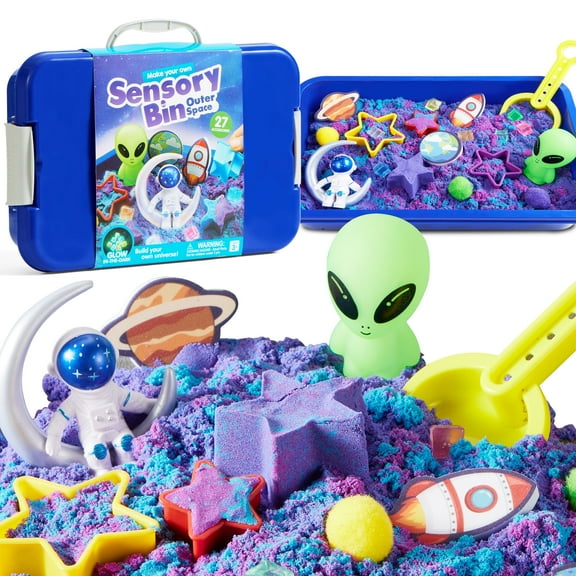 Klever Kits Sensory Bin, Outer Space Themed with Glow-in-The-Dark Alien Figure, Play Sand Toy Gifts for Boys Girls Age 3 