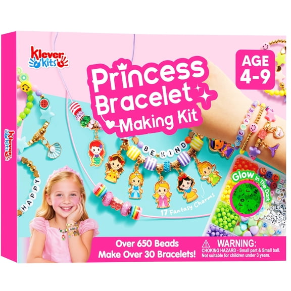 Klever Kits Princess Bracelet Making Kit, Jewelry Making Kit with over 650 Beads, Charms & Elastic Cords, Arts and Crafts Gift for Girls Ages 4-9