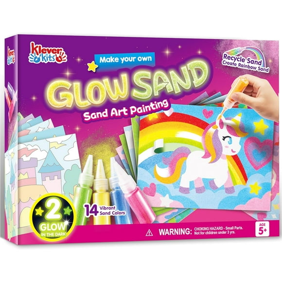 Klever Kits Glow Sand Painting, Glow-in-the-Dark Sand Art & Craft Kit for Kids, Birthday Gifts for Girls Ages 5+