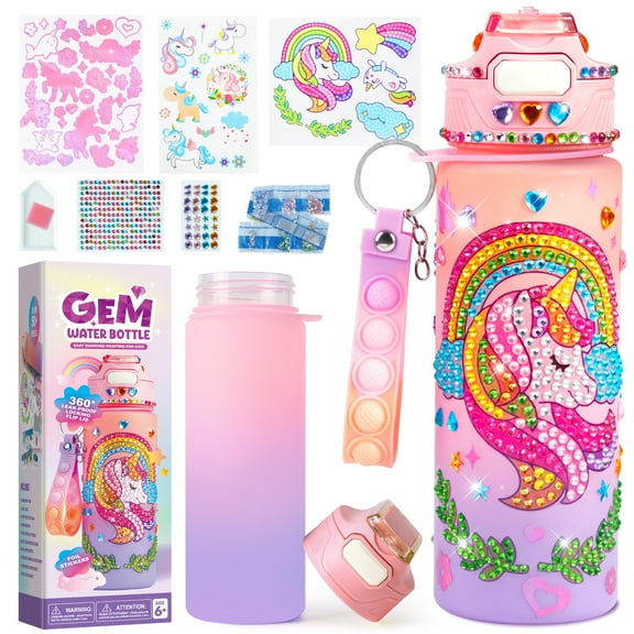 Joyfy Unicorn Water Bottle for Girl ,20 oz Water Bottle Art and Craft Kit with Gem Stickers