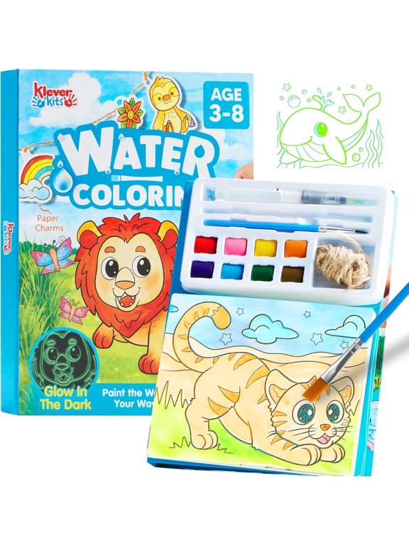 35-Page Water Coloring Book Set, Mess-Free Painting with Animals, Ocean and Forest Themes, Includes Glow-in-the-Dark Designs and 3 Brushes