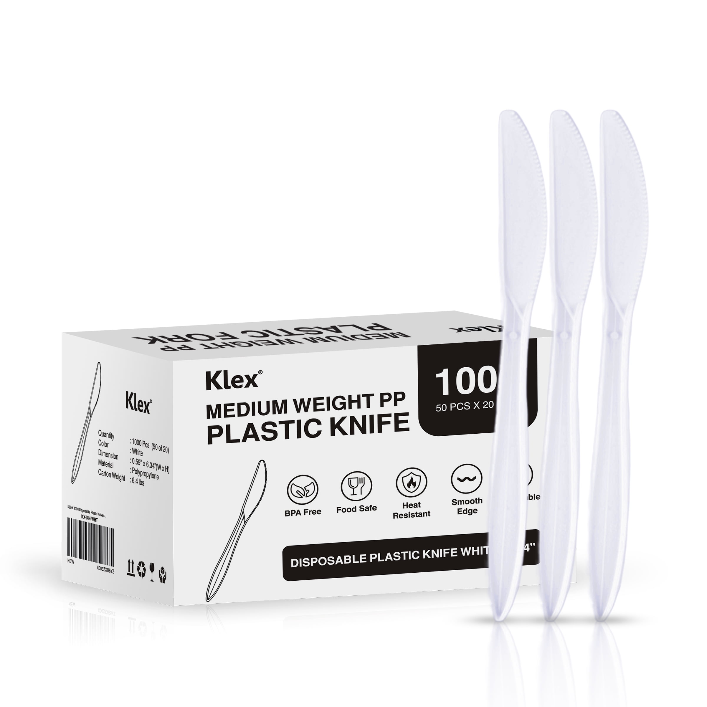 Klex Klex Disposable Plastic Knife, BPA Free Medium Weight, 6.34