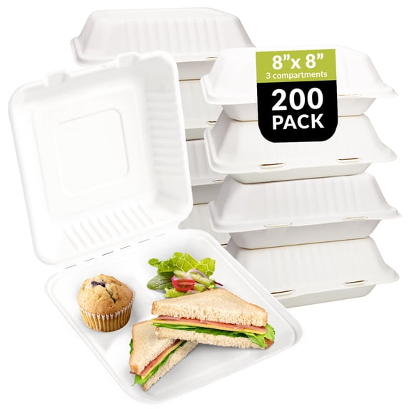Klex 3-Compartment Foam Clamshell Take Out Food Containers - 8"x8"x3", 200/cs