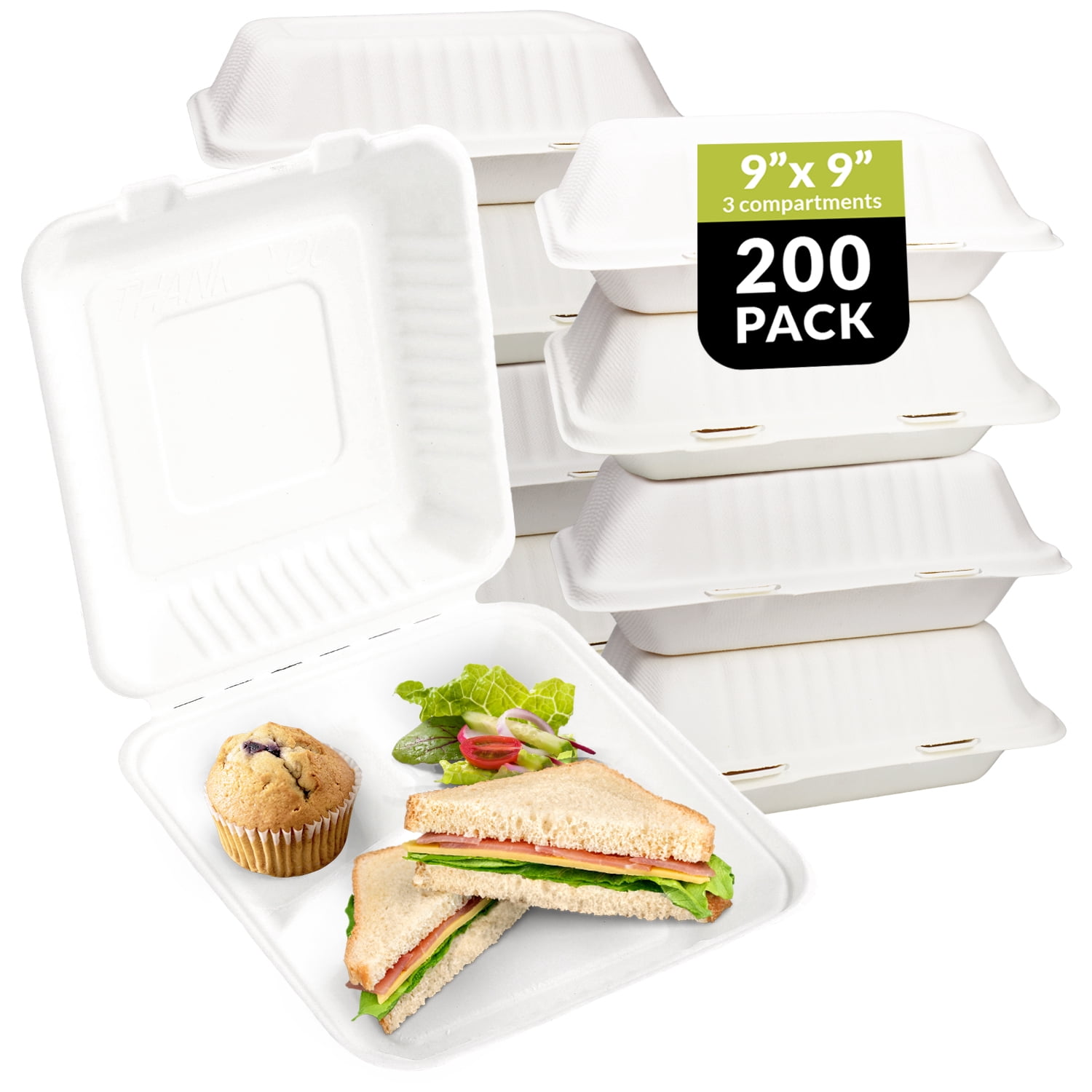 Klex Klex Sugarcane Clamshell Takeout Food Containers, 9-Inch, 3 Compartment ...